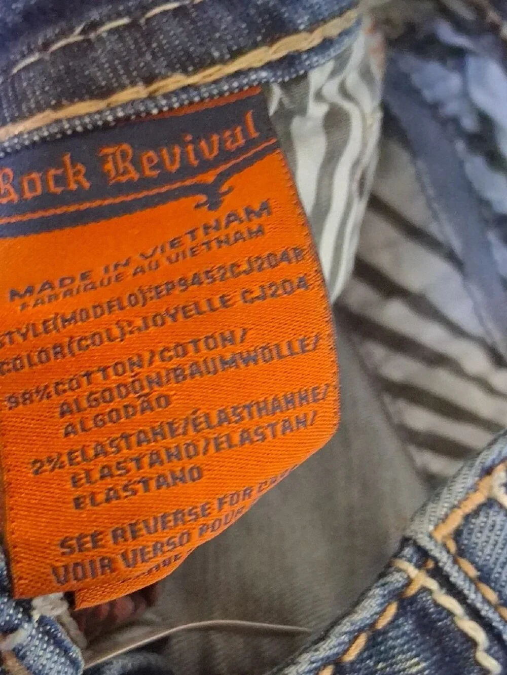Rock Revival Men's Dark Blue Denim Jeans with Tan Stitching